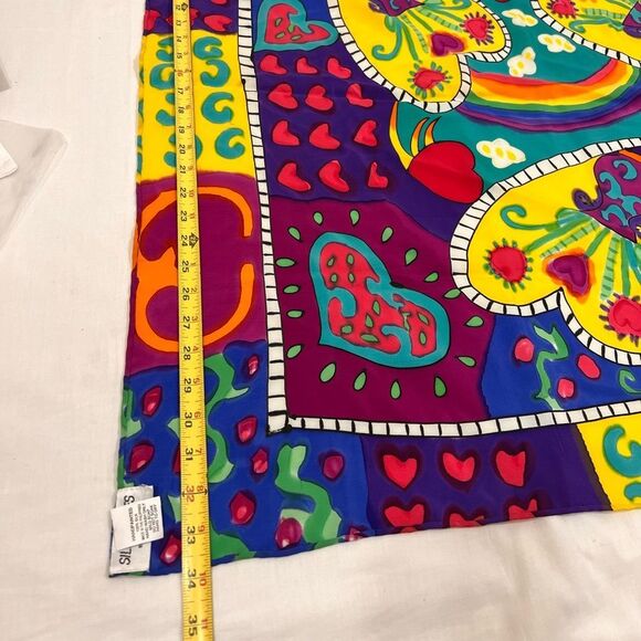 SILKSCAPES Silk Hand Painted Colorful Heart Pattern Scarf 35” X 34” - Picture 7 of 9